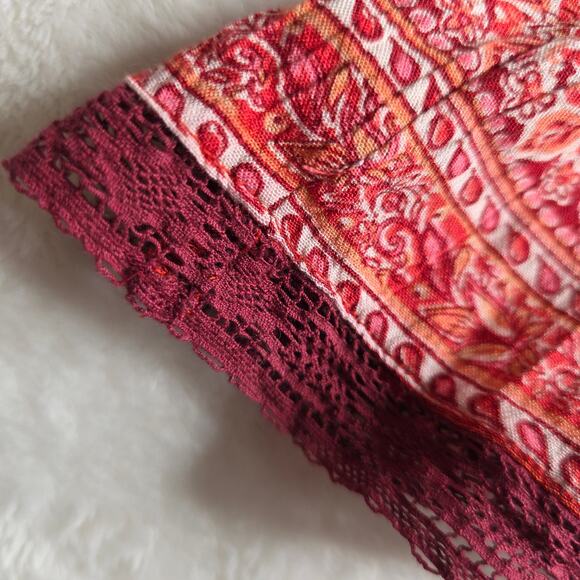 Free People XS Luna Scarf Lacey Print Exaggerated BellSleeve Boho Red Mini Dress - Picture 14 of 16